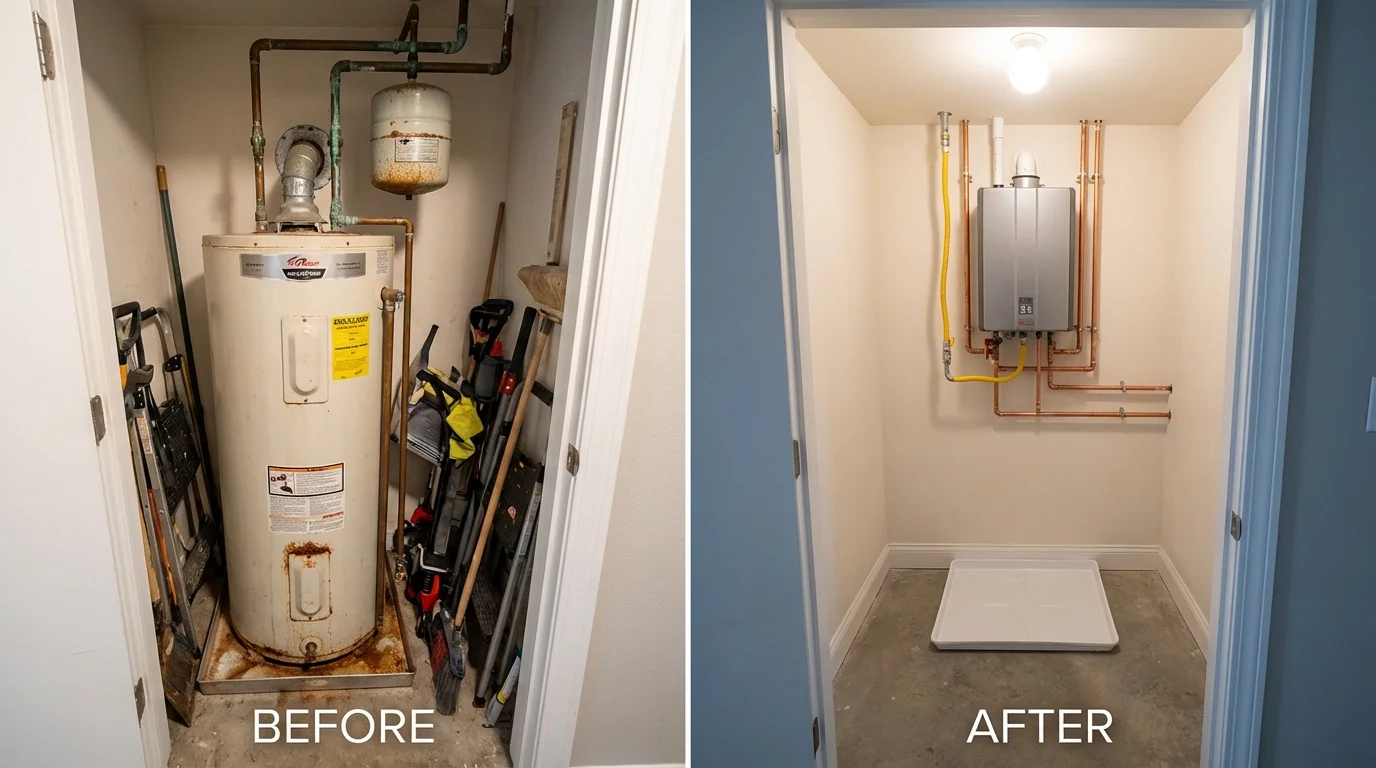 Tank water heater versus wall-mounted tankless unit comparison for Gilbert, MN homeowners