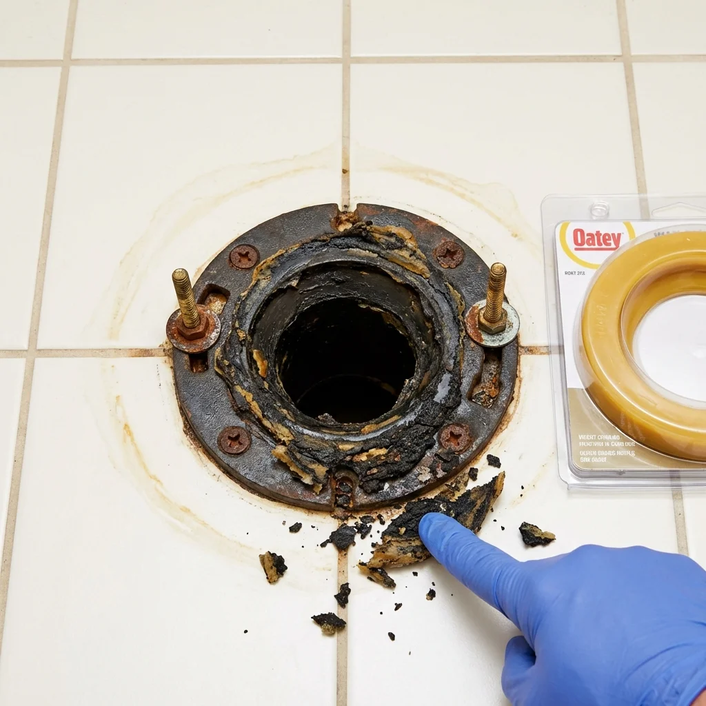Failed wax ring showing water seepage at the base of a toilet in a Gilbert, MN home