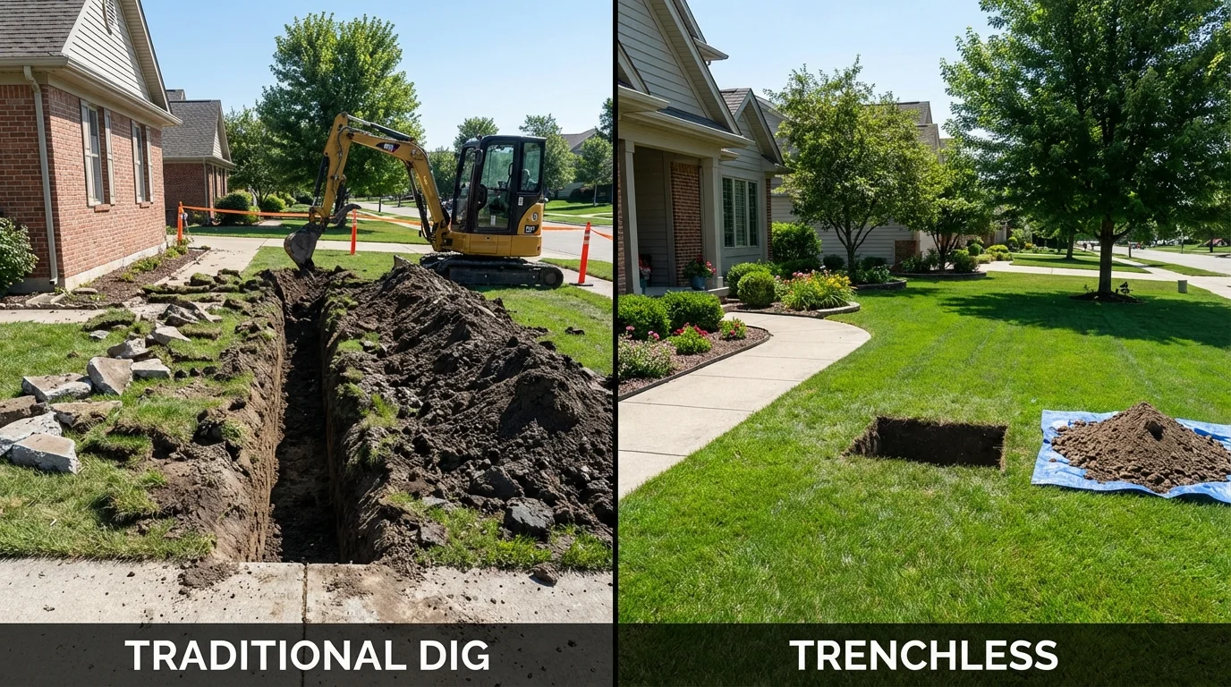 Trenchless sewer repair with minimal yard damage versus traditional excavation in Gilbert, MN