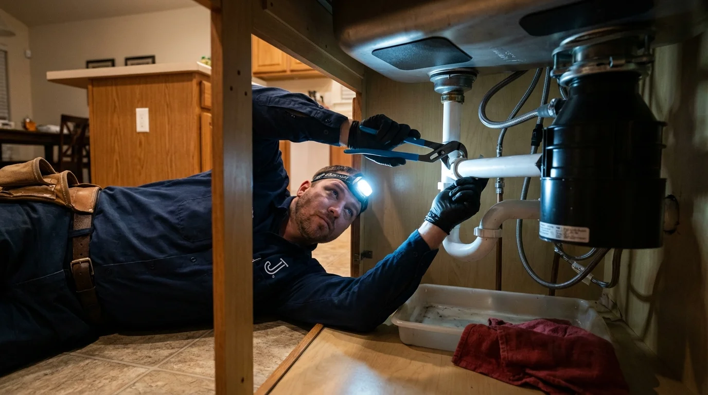 P-trap and supply line connections under a kitchen sink showing a common leak point in Gilbert, MN
