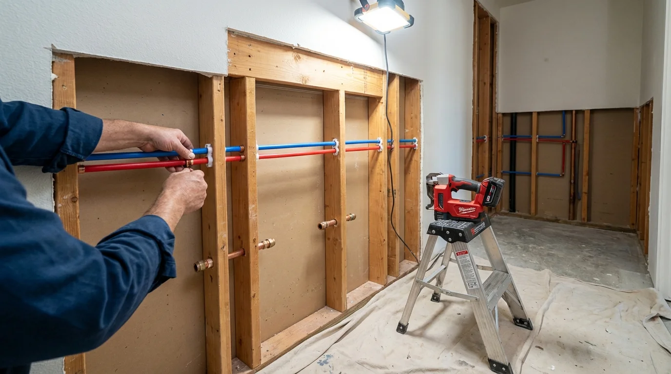 Old galvanized pipes being replaced with modern PEX piping during a whole-house repipe in Gilbert, MN